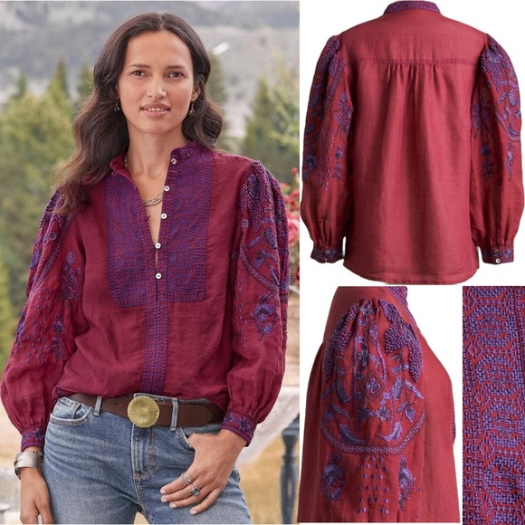 Sundance Ramie Embroidered Blouse Burgundy Purple Equestrian Western Cowgirl XS - Picture 1 of 12